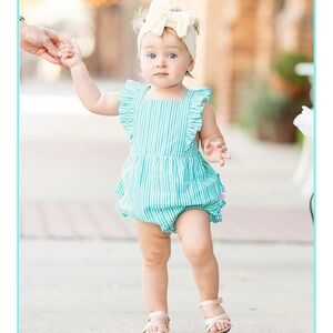 NWT Ruffle Butts Bella Aqua Blue Stripe Bube Romper W/ Headband Sz 6-12M